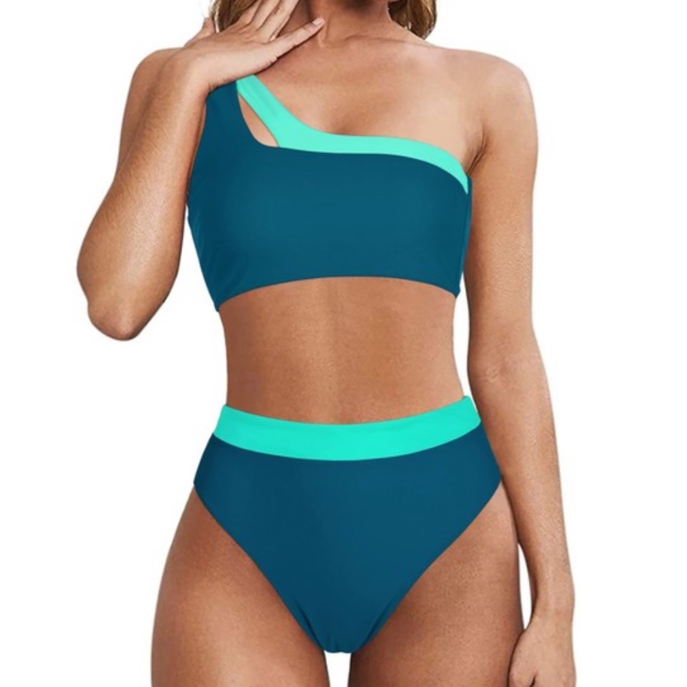 Women One Shoulder High Waisted Bikini Tie High Cut 2 Piece Small Teal Blue NWT